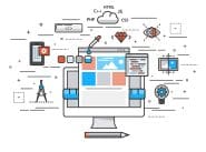 Thin line flat design of website building process. Modern vector illustration concept, isolated on white background.